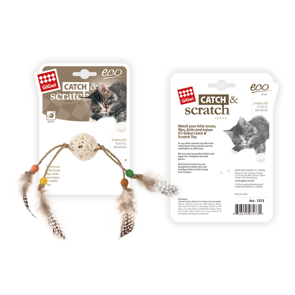 Caninie-GiGwi Catch N Scratch Eco Line Rattan ลูกหวายพร้อมกระดิ่งและขนนกธรรมชาติ  ขนาด