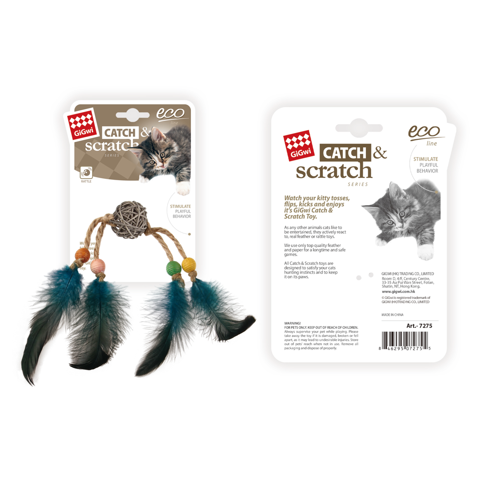 Caninie-GiGwi Catch N Scratch Eco Line Rattan ลูกหวายพร้อมกระดิ่งและขนนกธรรมชาติ  ขนาด