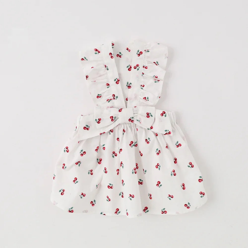 Caninie-Monchéri Cool Frill Ribbon Cherry Dress เดรสสุนัขลายเชอร์รี่ระบายริบบิ้น สี White | ชุดสุนัขน่ารัก
