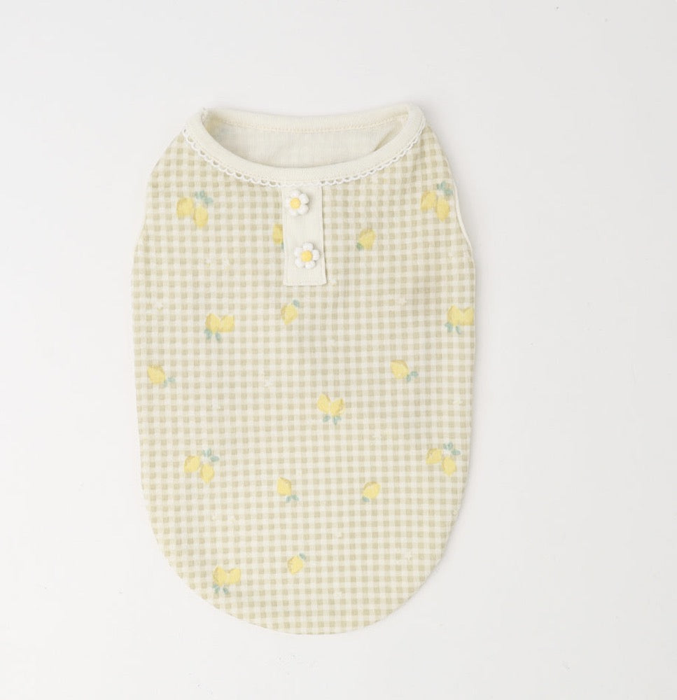 Caninie-Monchéri Cool Lemon Gingham Check Pattern Sleeveless Top เสื้อสุนัขแขนกุดลายเลมอนตารางกิงแฮม สี Beige