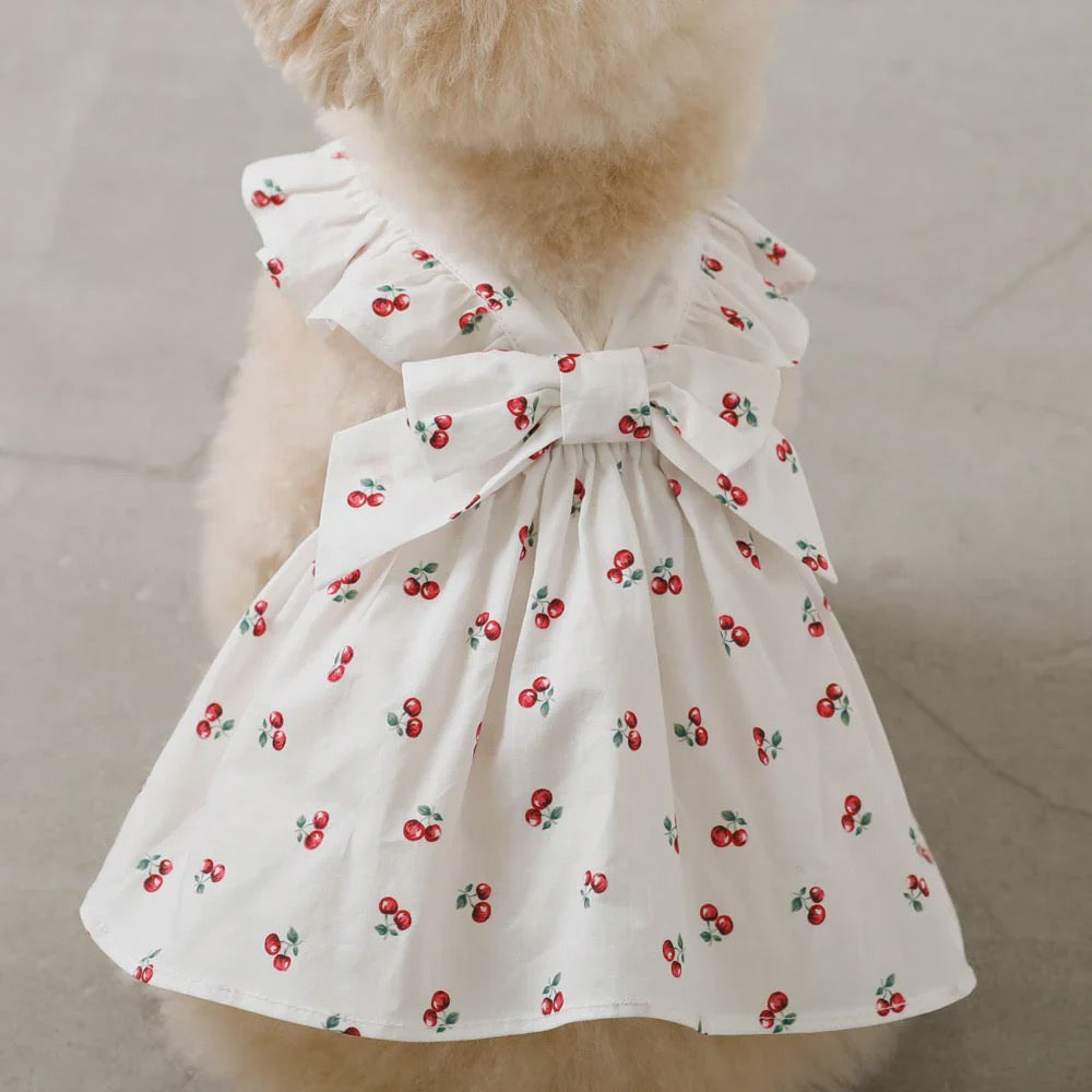 Caninie-Monchéri Cool Strawberry Pattern Frill Camisole Dress เดรสสุนัขสายเดี่ยวลายสตรอว์เบอร์รี่ สี Pink | ชุดสุนัขน่ารักสไตล์ญี่ปุ่น