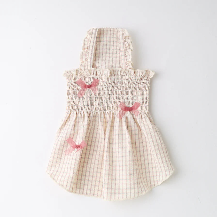 Caninie-Monchéri Cool Check Gathered Ribbon Dress เดรสสุนัขลายตารางพร้อมริบบิ้น สี Pink | ชุดสุนัขน่ารัก
