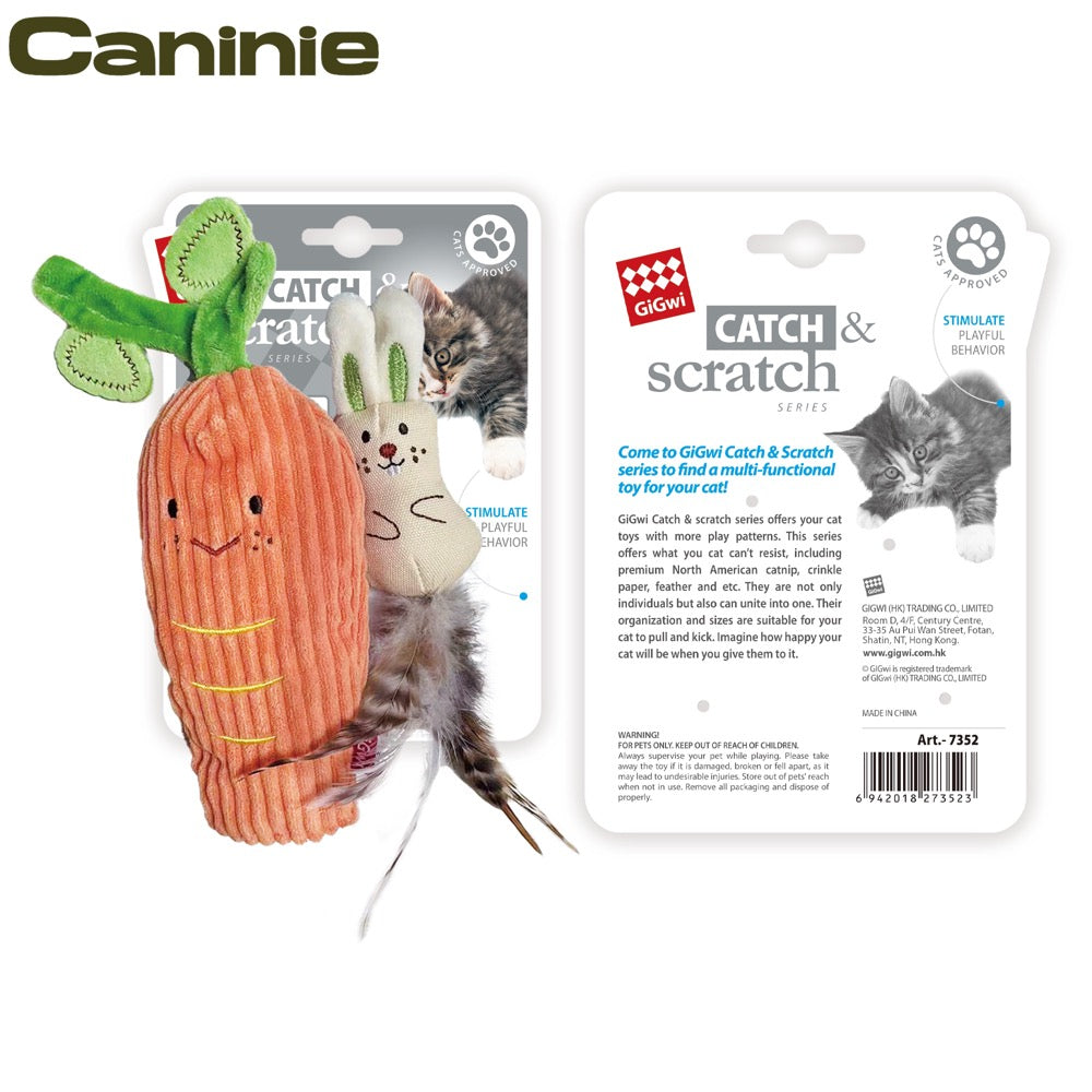 Caninie-GiGwi Catch & Scratch 2-in-1 Separable Carrot ของเล่นแมว Catnip ขนนก ผ้ากรอบแกรบ ของเล่นแมวซ่อนอาหาร ของเล่นแมวไล่จับ