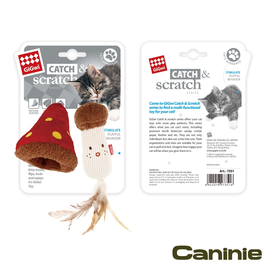 Caninie-GiGwi Catch & Scratch 2-in-1 Separable Mushroom ของเล่นแมว Catnip ขนนก ผ้ากรอบแกรบ ของเล่นแมวซ่อนอาหาร ของเล่นแมวไล่จับ