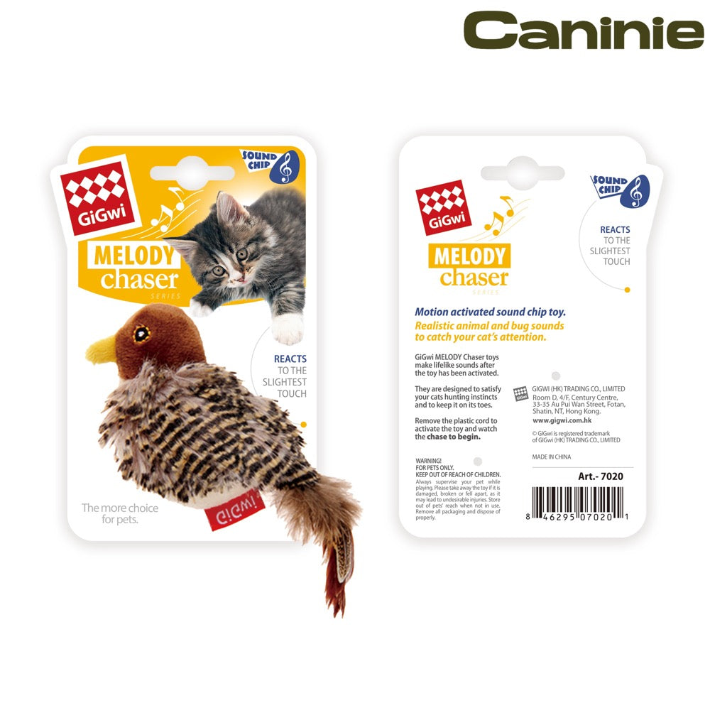 Caninie-GiGwi Melody Chaser Bird ตุ๊กตานกมีเสียง ขนนกธรรมชาติ ของเล่นแมวเสียงสัตว์ Motion Sensor พร้อม Catnip