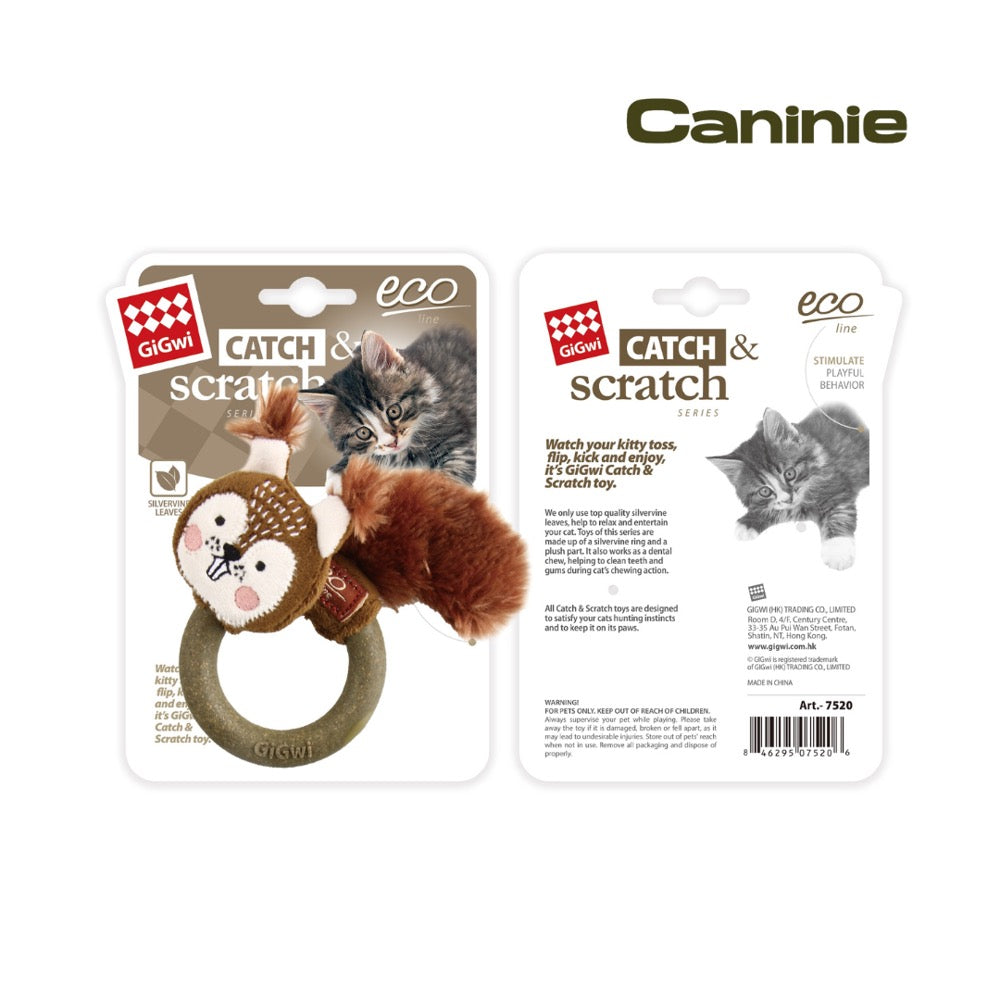 Caninie-GiGwi Catch N Scratch กระรอกซิลเวอร์ไวน์ วงแหวนของเล่นแมว ตุ๊กตาแมวพร้อมใบ Silvervine ของเล่นแมวกัดเล่น ไล่จับ