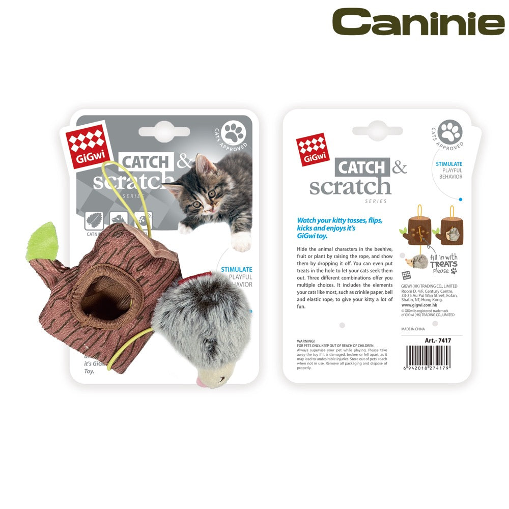 Caninie-GiGwi Animal & House Hedgehog with Stump ของเล่นแมว Catnip มีเสียงกระดิ่ง ผ้ากรอบแกรบ ของเล่นแมวไล่จับ ของเล่นแมวเสริมสัญชาตญาณล่า