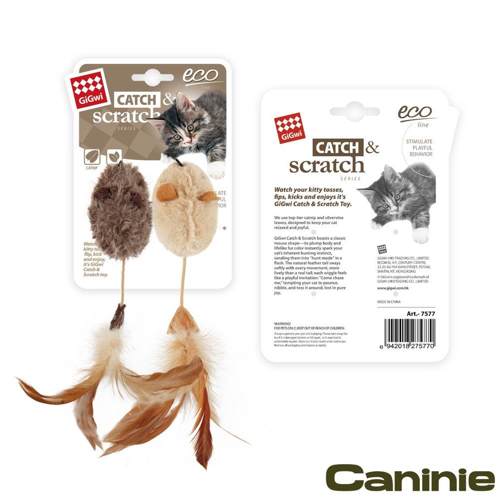 Caninie-GiGwi Catch N Scratch หนูของเล่นแมวพร้อมขนนก 2 ชิ้น (Mice 2PK) ใส่แคทนิป