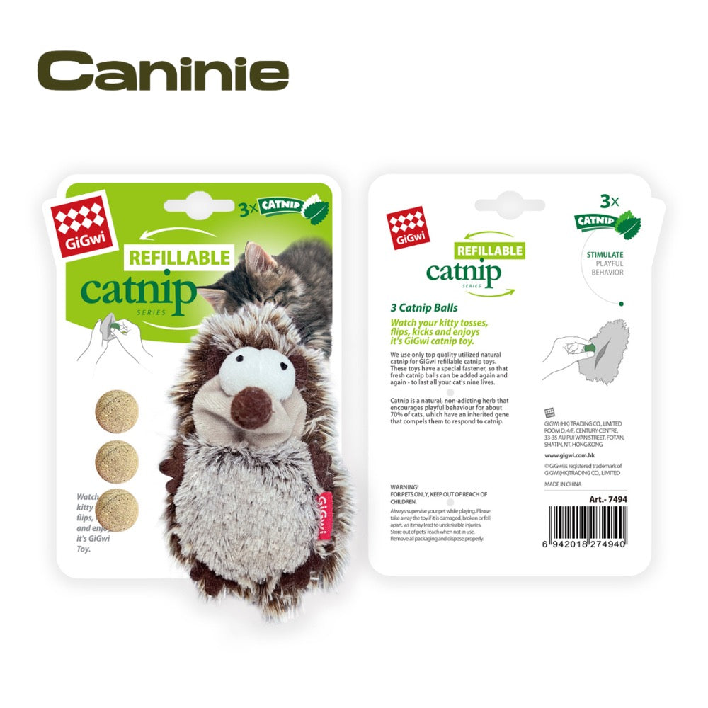 Caninie-GiGwi Refillable Catnip Hedgehog ตุ๊กตาเม่นใส่แคทนิปได้ พร้อมลูก Catnip 3 ลูก