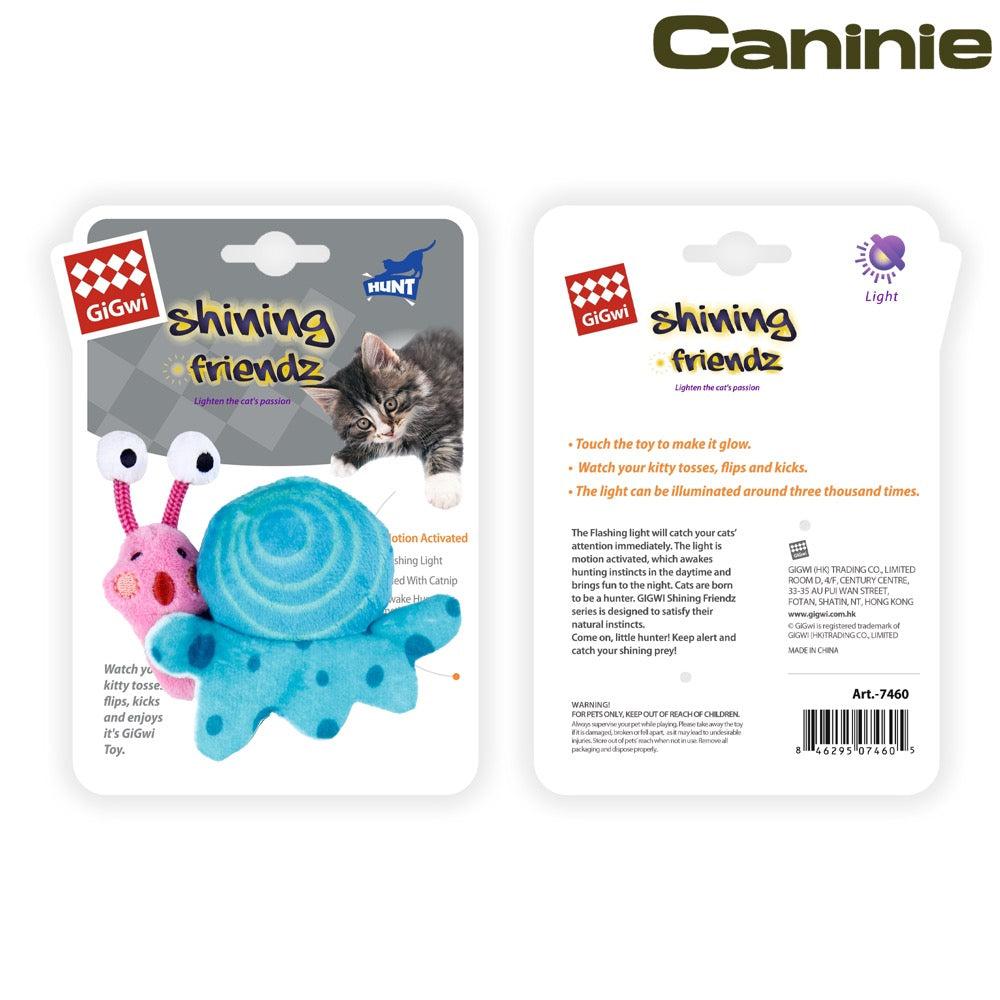 Caninie-GiGwi Shining Friendz Snail ตุ๊กตาหอยทากไฟ LED ของเล่นแมวมีไฟกระพริบ Motion Sensor พร้อม Catnip