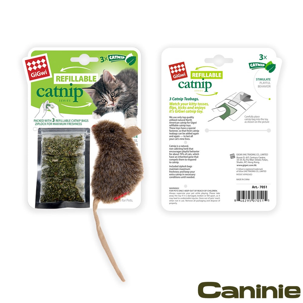 Caninie-GiGwi Refillable Catnip Grey Mouse ตุ๊กตาหนูสีเทาใส่แคทนิปได้ ของเล่นแมวซักได้ พร้อมถุง Catnip