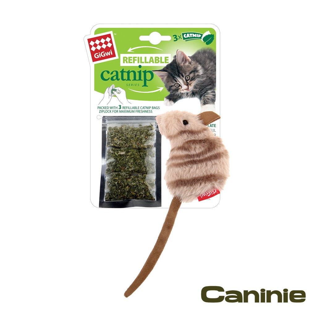 Caninie-GiGwi Refillable Catnip Striped Mouse ตุ๊กตาหนูลายทางใส่แคทนิปได้ ของเล่นแมวซักได้ พร้อมถุง Catnip