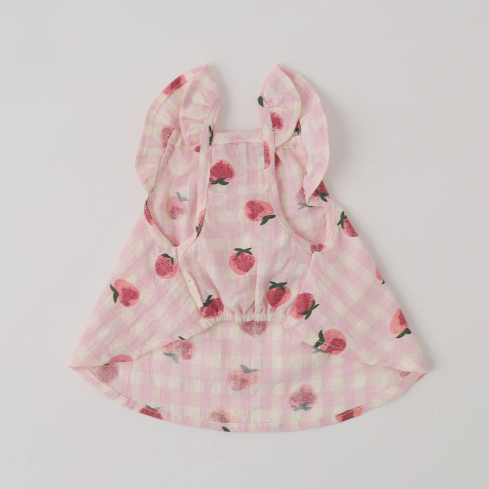 Caninie-Monchéri Cool Strawberry Pattern Frill Camisole Dress เดรสสุนัขสายเดี่ยวลายสตรอว์เบอร์รี่ สี Pink | ชุดสุนัขน่ารักสไตล์ญี่ปุ่น