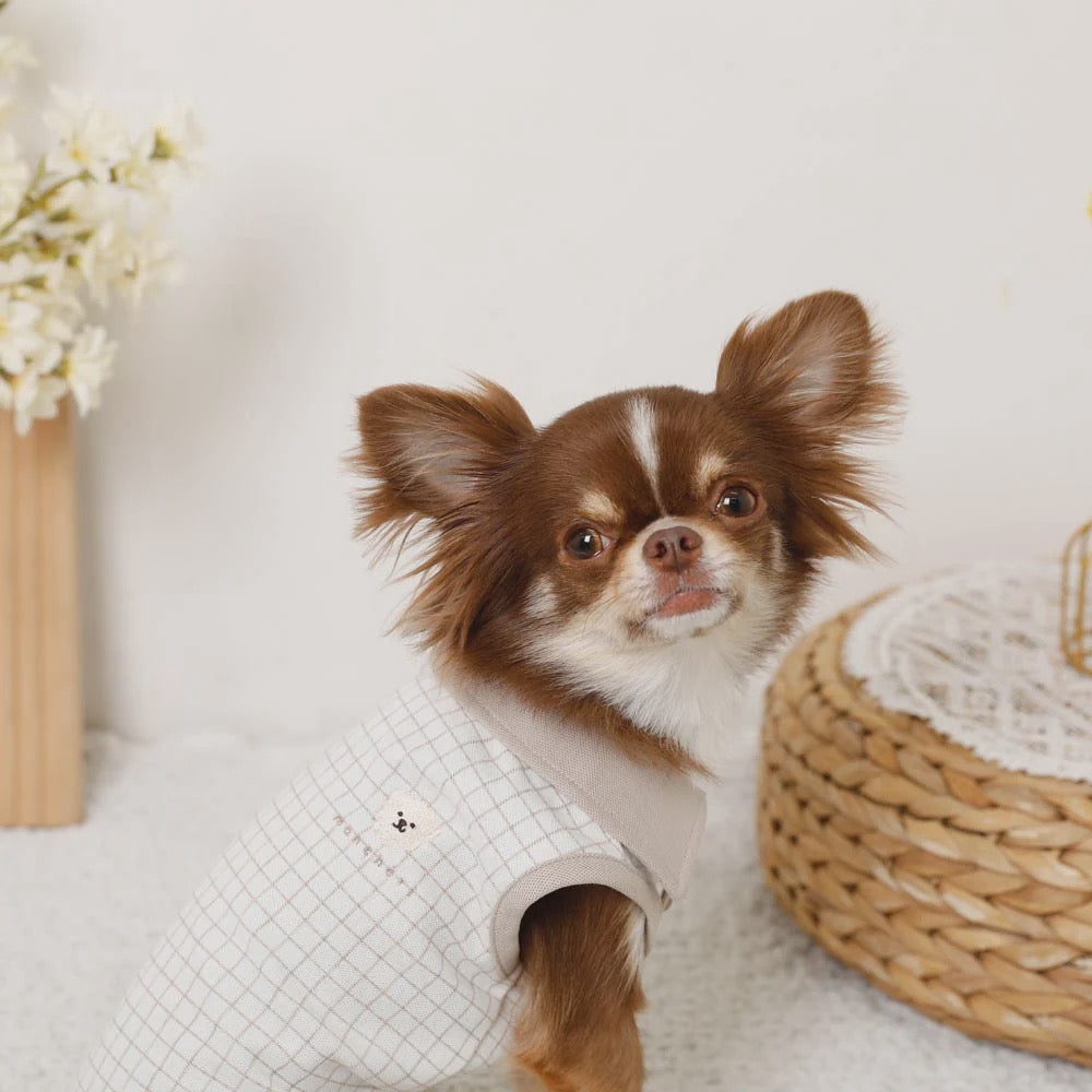 Caninie-Monchéri Cool Window Pen Check Pattern Sleeveless Top เสื้อสุนัขแขนกุดลายตาราง สี Beige | เสื้อผ้าสุนัขสไตล์ญี่ปุ่น